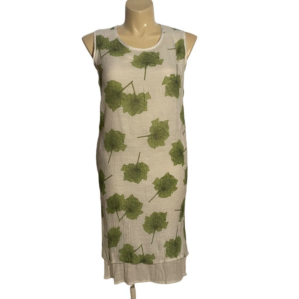 Simply Couture XL Dress Crinkle Layered Shift Tunic White Green Leaves Texture